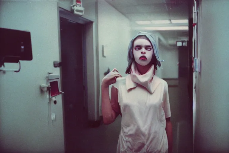 Image similar to 35mm color lomography, last photo, portrait, fashion shoot, weird, random, strange, spooky, interesting, hospital