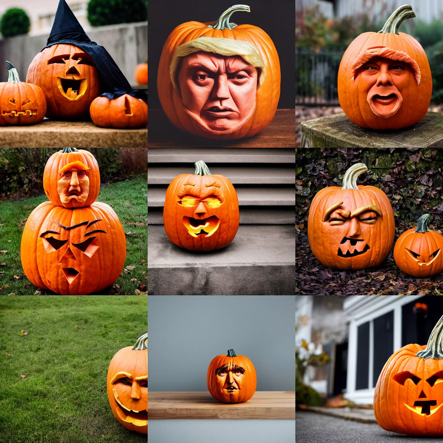 Image similar to halloween pumpkin that looks like donald trump, sigma 8 5 mm