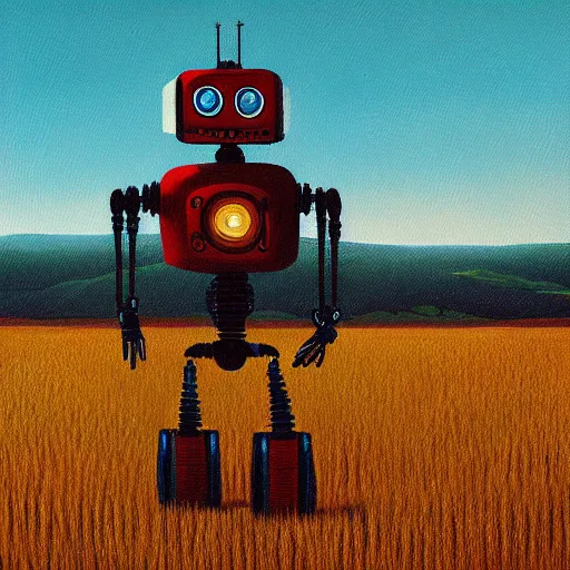Prompt: a painting by simon stalenhag of a robot standing in a wheat field