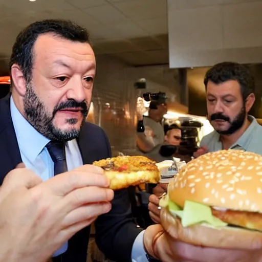 Image similar to Matteo Salvini eating a burger at McDonald’s, photograph, paparazzi