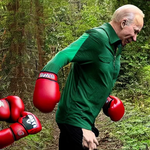 Image similar to Putin knocks out Joe Biden with heavy red boxing gloves in a green jungle. reporters take flash photographs of the blood soaked canvas