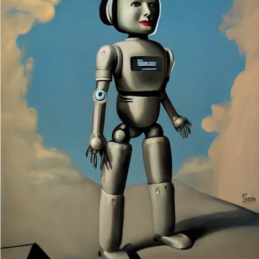 Image similar to female robot girl painting by neo rauch, highly detailed