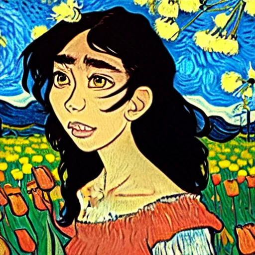 Prompt: beautiful dark skinned mexican woman, dancing in a field of tulips and baby's breath, prominent, rosy cheek bones, black hair and brown eyes, van gogh art style, art by hayao miyazaki, makoto shinkai