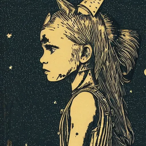 Prompt: Woodcut portrait of a beautiful cute girl with robot ears by falling into the stars greg rutkowski, 4k, intricate details