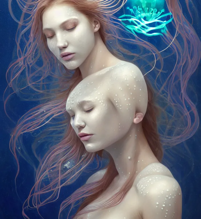 Image similar to underwater portrait of a goddess mermaid with (reaction diffusion) scaled fish skin Bioluminescent phoenix jellyfish, Her breath shot a haze of steam out into the frosty morning air concept, soft light, soft mood, realistic body features and face, illustration,intricate ornament halo, painting oil on canvas by Elena Zhurikhina and Goro Fujita and Charlie Bowater, octane render trending on artstation, 4k, 8k, HD