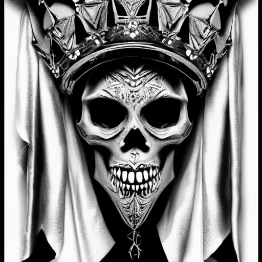 Image similar to skull queen with an origami crown, hints of silver jewelry, gothic, eerie, intricate detail, dramatic lighting, mist, grey, 4k