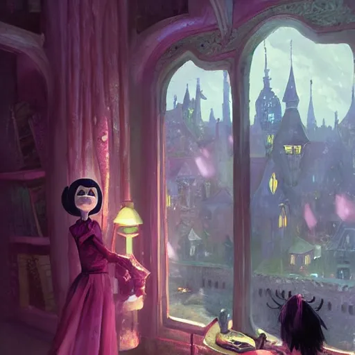 Image similar to coraline in the pink palace, oil painting, Tooth Wu, Greg Rutkowski, RPG portrait, dynamic lighting, anime art