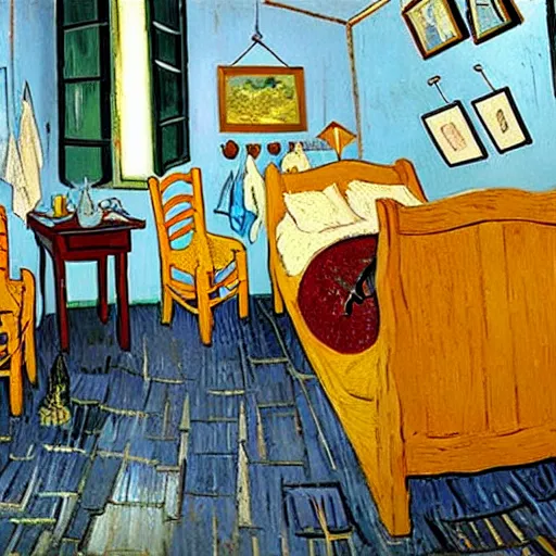 Image similar to a cozy bedroom decorated by van gogh, detailed, high resolution, wow!, intricate