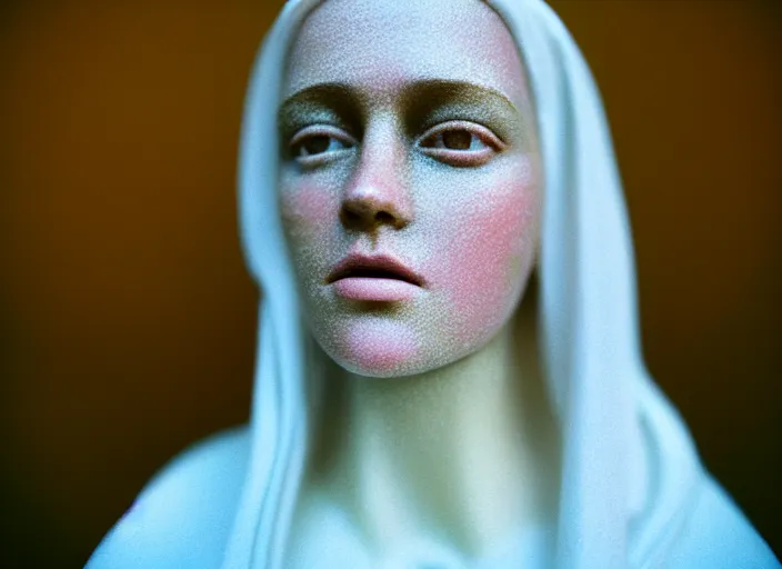 Image similar to kodak portra 4 0 0, 8 k, soft light, volumetric lighting, highly detailed, britt marling style 3 / 4, haunting portrait photo of the virgin mary, highly detailed face, inspired by ophelia paint, glowing halo, of light, realistic, refined, beautifully detailed, natural outdoor soft pastel lighting colors scheme, outdoor fine art photography, hyper realistic, photo realistic