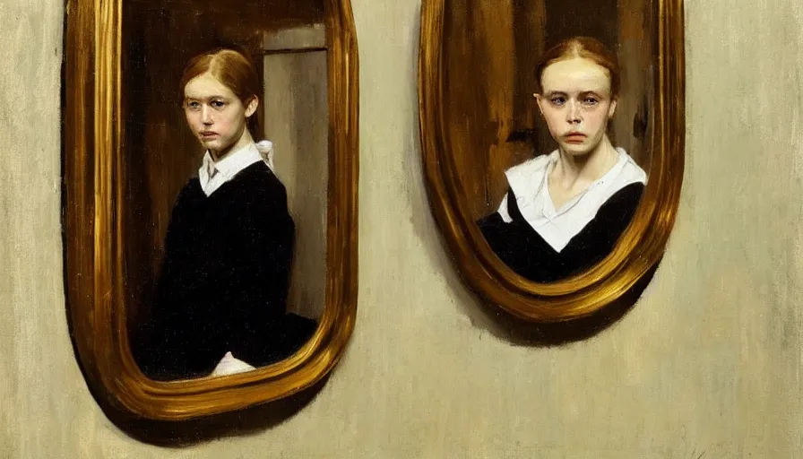 Image similar to painting by borremans, young woman in front of the mirror, detailed, stunning