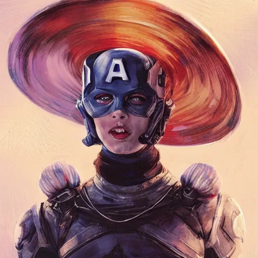 Image similar to captain america as an attractive young smiling woman played by milla jovovich wearing a mushroom crown and heavy armoured wedding dress, face portrait, hd shot, digital portrait, elegant, beautiful, fantasy art, artstation, comic style, by artgerm, guy denning, jakub rozalski, magali villeneuve and charlie bowater