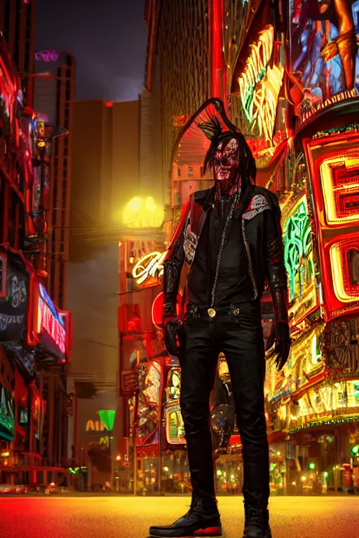 Prompt: full body portrait of a punk vampire on the las vegas strip at night, cinematic, hyper realism, high detail, octane render, 8k, cgsociety,urban horror,concept art