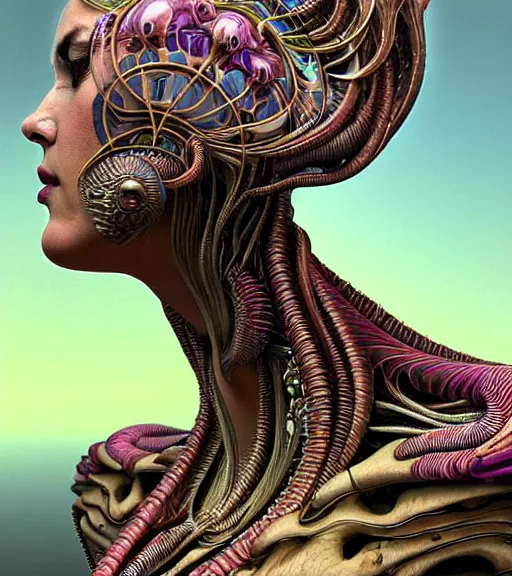 Prompt: artstation futuristic 3 d model of detailed realistic beautiful young groovypunk queen of andromeda galaxy in full regal attire. face portrait. art nouveau, symbolist, visionary, baroque, giant fractal details. horizontal symmetry by zdzisław beksinski, iris van herpen, raymond swanland and alphonse mucha. highly detailed, hyper - real, beautiful