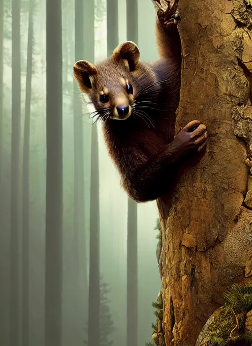 Image similar to a beautiful closeup shot from a fantasy film of a humanoid grey pine marten wearing a loose tunic. an anthropomorphic pine marten. golden hour. rim lighting. joseph ducreux, greg rutkowski.