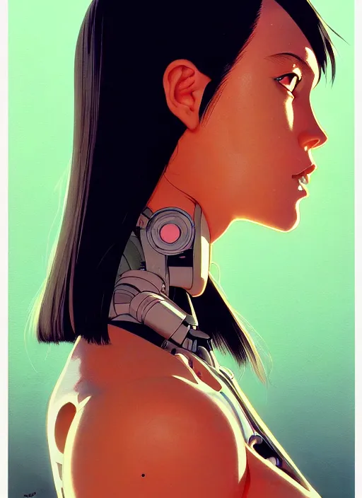 Image similar to side portrait of cyborg girl with robotic parts | | head only in center of image, audrey plaza, fine detail!! anime!! realistic shaded lighting!! poster by ilya kuvshinov katsuhiro otomo ghost - in - the - shell, magali villeneuve, artgerm, jeremy lipkin and michael garmash and rob rey