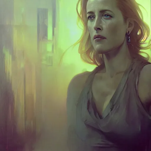 Image similar to gillian anderson, hyperrealistic portrait, bladerunner street, art of elysium by jeremy mann and alphonse mucha, fantasy art, photo realistic, dynamic lighting, artstation, poster, volumetric lighting, very detailed face, 4 k, award winning