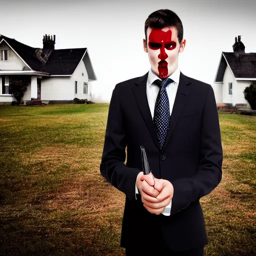 Image similar to man in strict suit, one man, an indifferent face, house on background, bloody knife, blood on body, full body, little fog, evening, extremely detailed, sharp focus, professional photographer, professional model