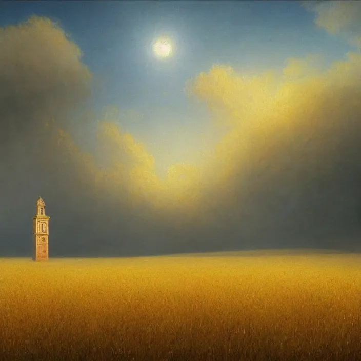 Image similar to a beautiful painting of a clock tower in a field of golden wheat by ivan aivazovsky, zdzisław beksinski, rene magritte, greg rutkowski, james gurney, in style of digital art. hyper detailed. octane render. maya. ray tracing. trending on artstation