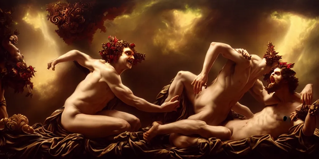 Image similar to a revel with Dionysus and Silenus, by Rolf Armstrong and Evelyn De Morgan and Bastien Lecouffe-Deharme, dramatic lighting, high contrast colors, baroque, empyrean, panoramic view, as trending on Artstation, highly detailed, doom engine,