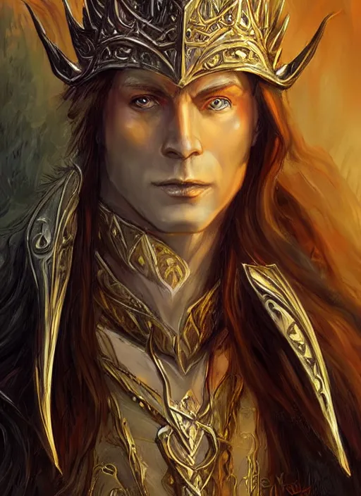 Image similar to elegant elven king, ultra detailed fantasy, dndbeyond, bright, colourful, realistic, dnd character portrait, full body, pathfinder, pinterest, art by ralph horsley, dnd, rpg, lotr game design fanart by concept art, behance hd, artstation, deviantart, hdr render in unreal engine 5