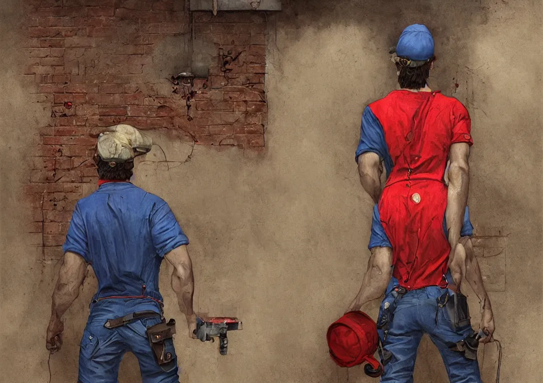 Prompt: italian man in blue overalls and red shirt with a red baseball cap and a big brown mustache with his back against a brick wall, dark mood, horror, resident evil, highly detailed, digital painting, artstation, illustration, art by artgerm and greg rutkowski and alphonse mucha and krenz cushart