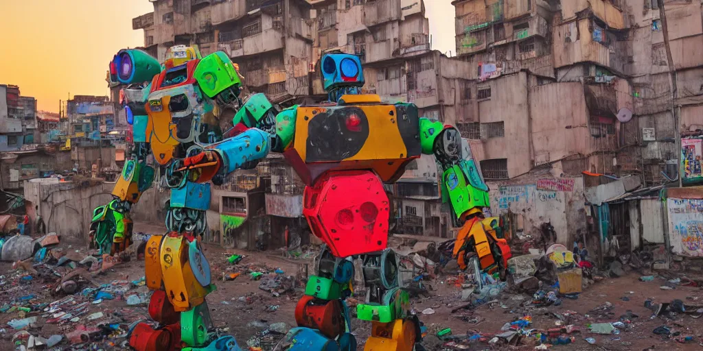 Prompt: colourful giant mecha ROBOT of AJEGUNLE SLUMS in Lagos, markings on robot, neon lights, Golden Hour,