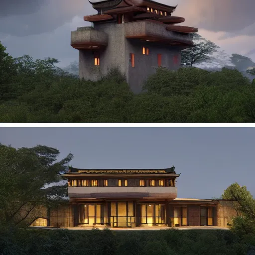 Image similar to modernist house inspired by tibetan palace, built with atrium in the middle, on a hill surrounded by big trees, dramatic lighting, artstation, realistic rendering, unreal engine, octane render, raphael lacoste, simon stalenhag, frank lloyd wright, helicopter view