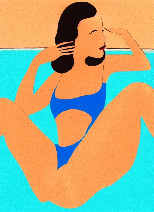 Prompt: portrait of a girl, in retro swimsuit, lying by the pool, minimalist illustration, flat colors, contrasting shadows art by parrish, maxfield, frame from a movie