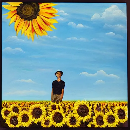 Image similar to a painting of a man standing in a field of sunflowers, an album cover by mac conner, trending on deviantart, harlem renaissance, official art, masterpiece, art