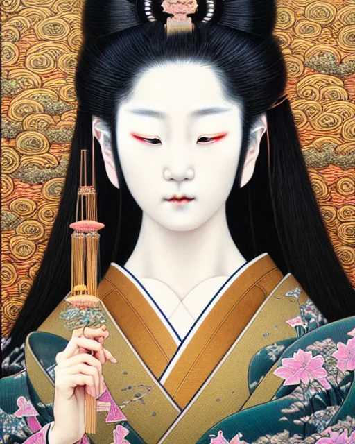 Image similar to portrait of a beautiful japanese goddess, unusual beauty, esoteric, muted colors, head in focus, fantasy art, ornamental aesthetics, intricate, elegant, highly detailed, hyperrealistic painting, artstation, concept art, painterly, sharp focus, illustration, art by chie yoshii