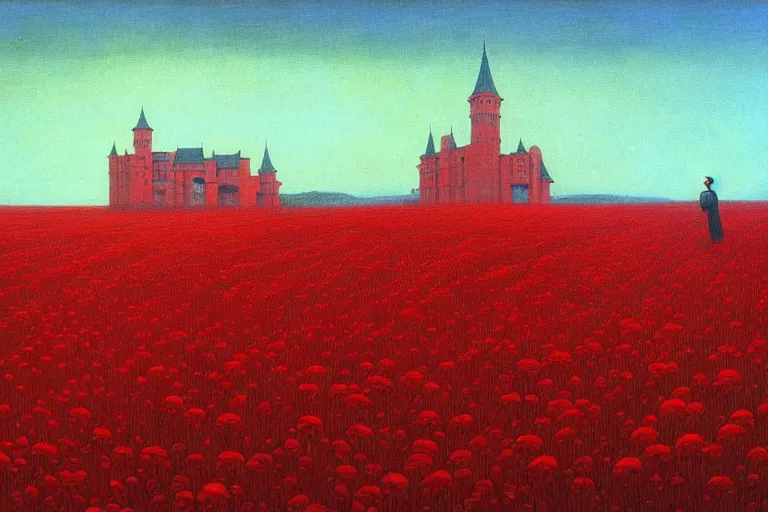 Image similar to only with red, red flowers of different types, a castle in the background, red giants rest over the flowers, in the style of beksinski, part by hopper, part by rodcenko, part by hofbauer, intricate composition, red by caravaggio, insanely quality, highly detailed, masterpiece, red light, artstation, 8 k