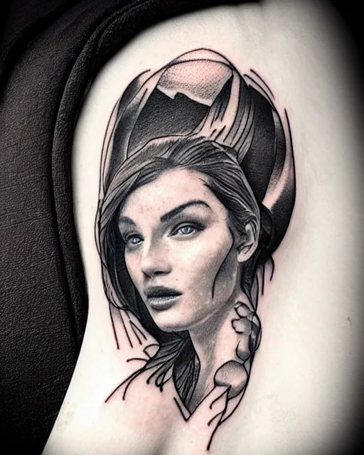 Image similar to tattoo design sketch of a beautiful woman face next to a faded background of beautiful mountains on her side, hyper - realistic, in the style of den yakovlev, amazing detail, black and white