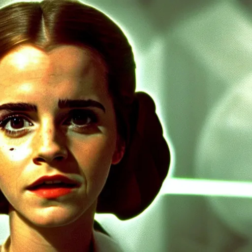 Prompt: film still of Emma Watson as princess leia in Star Wars 1977, 4k
