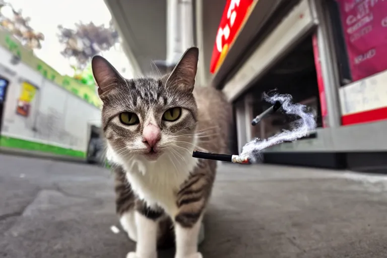 Image similar to cat with a cigarette in its mouth in 7 - eleven wide angle lens