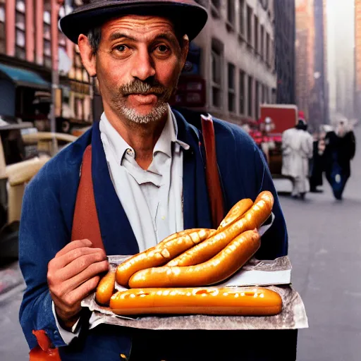 Prompt: closeup portrait of a snake oil salesman selling hotdogs in a smoky new york back street, by Annie Leibovitz and Steve McCurry, natural light, detailed face, CANON Eos C300, ƒ1.8, 35mm, 8K, medium-format print