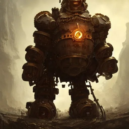 Image similar to a Steam powered mechanical golem in plate armoring, forward facing angle, concept art, character design, stunning 3d render , art by Tooth Wu and justin gerard and Blizzard studios, dim volumetric lighting, 8k octane beautifully detailed render, post-processing, extremely hyperdetailed, intricate complexity, epic composition, grim yet sparkling atmosphere, masterpiece, trending on artstation
