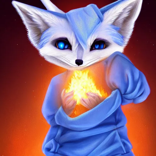 Image similar to furaffinity furry art of an anthro fennec character holding fireballs and wearing a blue sweatshirt, digital painting, detailed, cute, big intelligent eyes