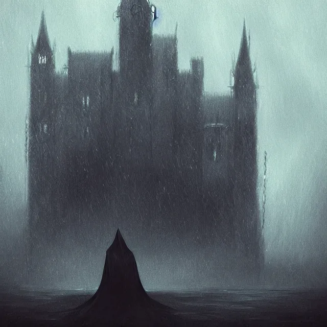 Image similar to a hooded figure entering a huge castle, raining and foggy, digital art by anato finnstark and randy vargas, featured on artstation and art of the year on deviantart, brethtaking lighting