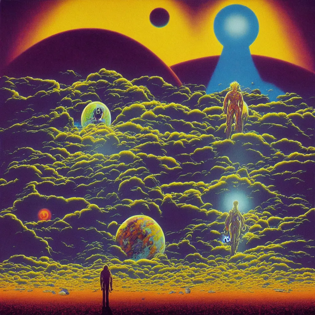 Image similar to high detailed lone person looking to its dying planet on a progressive rock 70s 80s album cover style by Barry Godber, psychedelic, oil paint on canvas, moebius, incal, realistic art, evangelion third impact inspired, Eliran Kantor, sand and desert environment, Eloy band, cinematic, unreal engine, high quality, eerily beautiful, cgsociety, 4K, UHD, Zdzisław Beksiński, by George Caleb Bingham and Donato Giancola and Bob Eggleton, trending on ArtStation, dune, pulp magazines cover art