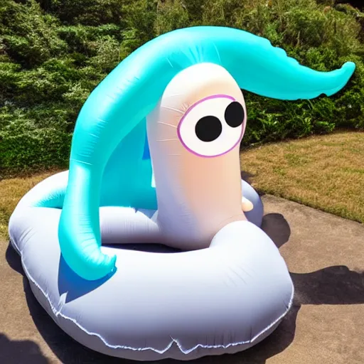 Prompt: a realistic inflatable squid with cartoon eyes