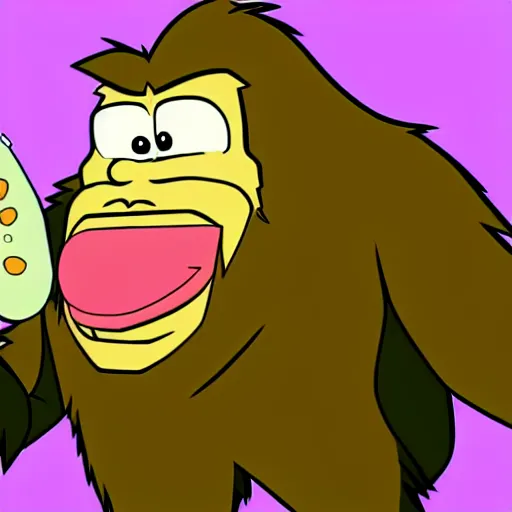 Prompt: bigfoot holding a large pickle. in the animation style of loony too s