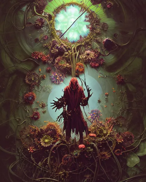 Image similar to the platonic ideal of flowers, rotting, insects and praying of cletus kasady carnage davinci dementor wild hunt chtulu mandelbulb mandala ponyo bioshock the witcher, d & d, fantasy, ego death, decay, dmt, psilocybin, concept art by randy vargas and greg rutkowski and ruan jia and alphonse mucha