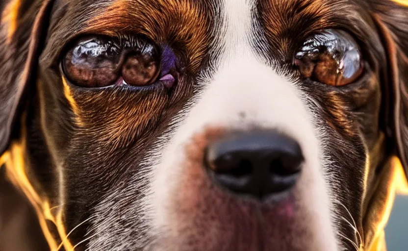 Image similar to ultra detailed close up facial portrait of a dog, extremely detailed, mystical colors, rim light, beautiful lighting, 8 k, stunning scene, raytracing, octane, trending on artstation