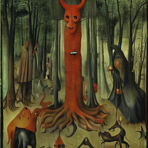 Prompt: surreal and beautiful forest spirit, painted by hieronymous bosch