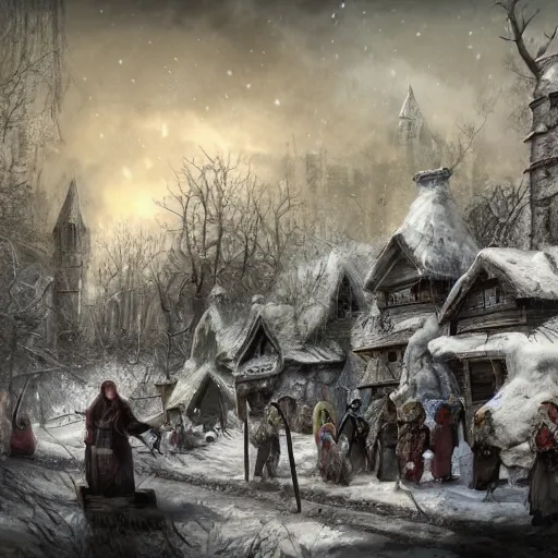 Prompt: Several bodies of dead villagers in the middle of a village in the snow, fantasy, medieval, highly detailed, Artstation