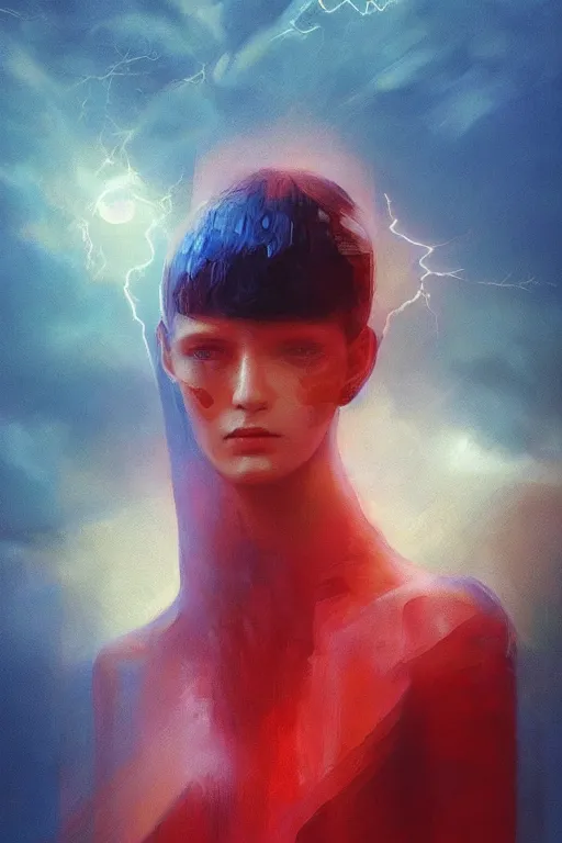 Image similar to 3 d, sci - fi, morning, sleepy fashion model face, sun, cinematic, lightning clouds, vogue cover style, light red and deep blue mood, realistic painting, intricate oil painting, high detail, figurative art, multiple exposure, poster art, 3 d, stanley kubrick, by tooth wu and wlop and beeple and greg rutkowski