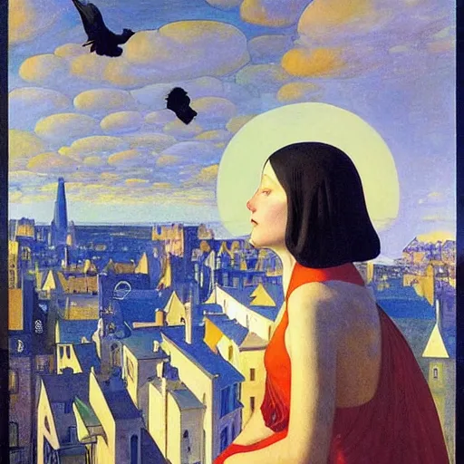 Image similar to a woman in a medieval city, a lots of crows, hyperrealistic film still by edward hopper, by gottfried helnwein, by klimt, by paolo uccello, art nouveau, highly detailed, strong lights, liminal, eerie, symbolist, bright pastel colors