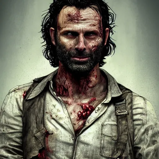 Image similar to rick grimes, zombie, head and shoulders shot, portrait, medieval, vivid colors, sharp focus, digital art, Hyper-realistic, 4K, Unreal Engine, Highly Detailed, HD, Dramatic Lighting by Brom, trending on Artstation