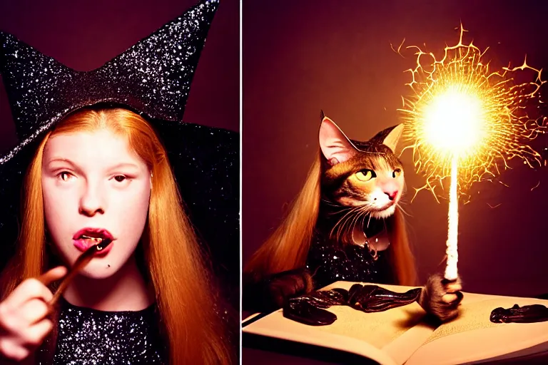 Prompt: extreme close up portrait, dramatic lighting, teen witch calmly pointing a magic wand casting a spell over a large open book on a table with, sparkle, cat on the table in front of her, sage smoke, a witch hat cloak, apothecary shelves in the background 1 9 9 0's photo, ultra sharp, hasselblad