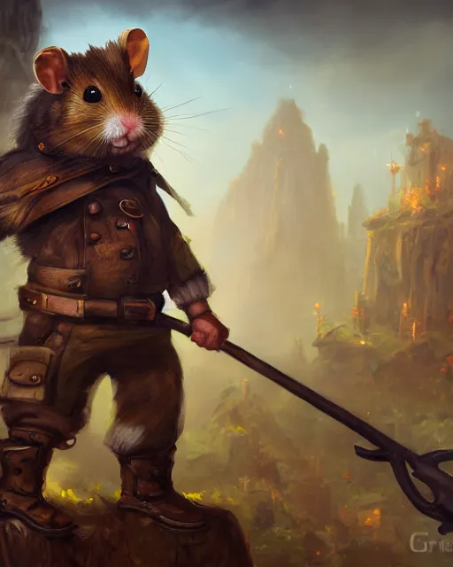 Image similar to oil painting of anthropomorphized hamster holding pickaxe, steampunk clothes, close shot, full body, dark steampunk mine shaft background, sharp focus, fantasy style, octane render, volumetric lighting, 8k high definition, by greg rutkowski, highly detailed, trending on art Station, dungeons and dragons artwork, centered